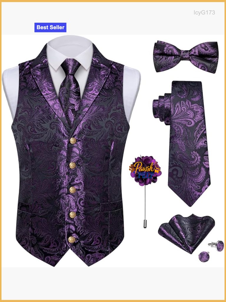 Men's Silk Paisley Vest Set With Necktie Bowtie Lapel Pin 7pcs